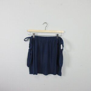 Club Monaco Silk Blouse Women M Navy Off Shoulder Cropped 3/4 Sleeve Preppy 64